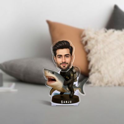 Personalized Bobblehead Caricature with Shark Rider Design, Solar Powered with Shaking Head for Car Dashboard Figurine Funny Car Decor